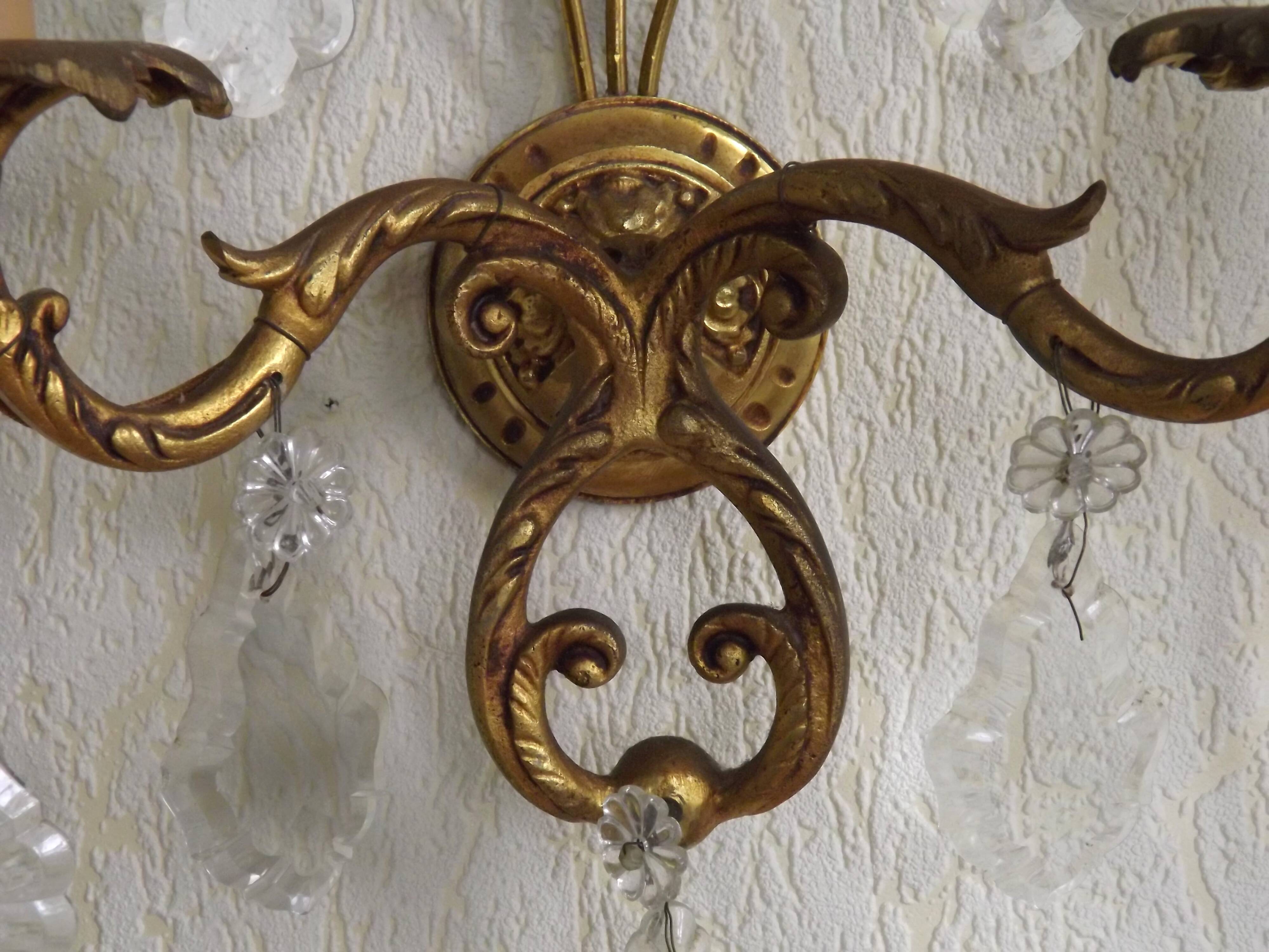 Pair of French Vintage Bronze Double Wall Lights Assorted Crystals 5331