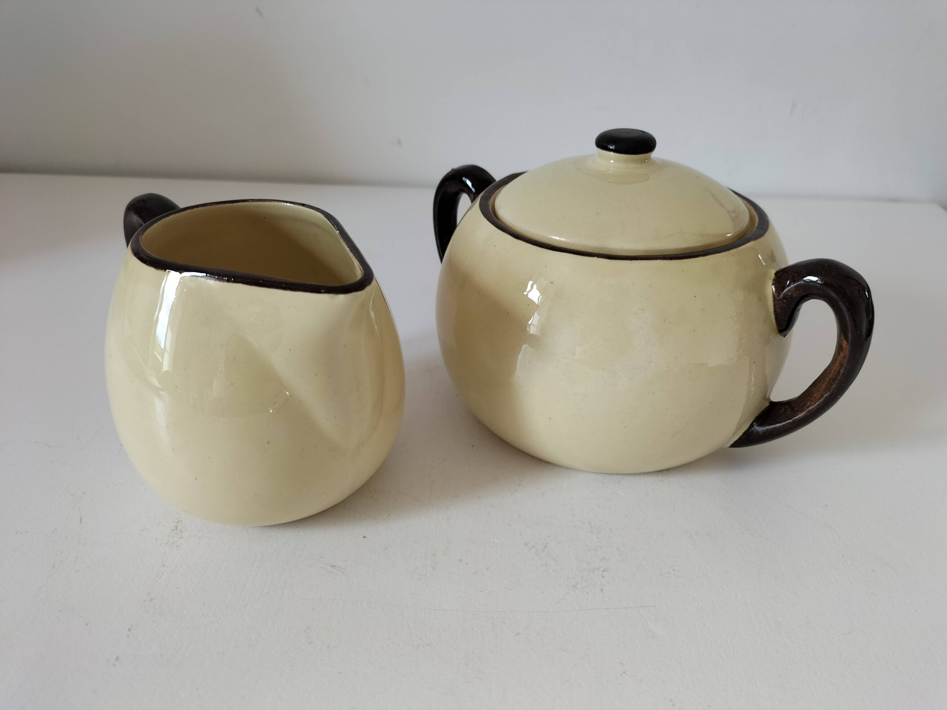 HBCM Sugar Bowl and Milk Jug Duo - Vintage Cream and Brown Earthenware