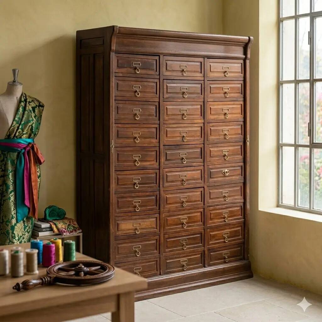 Antique oak commode stained walnut, 30 drawers, 20th century