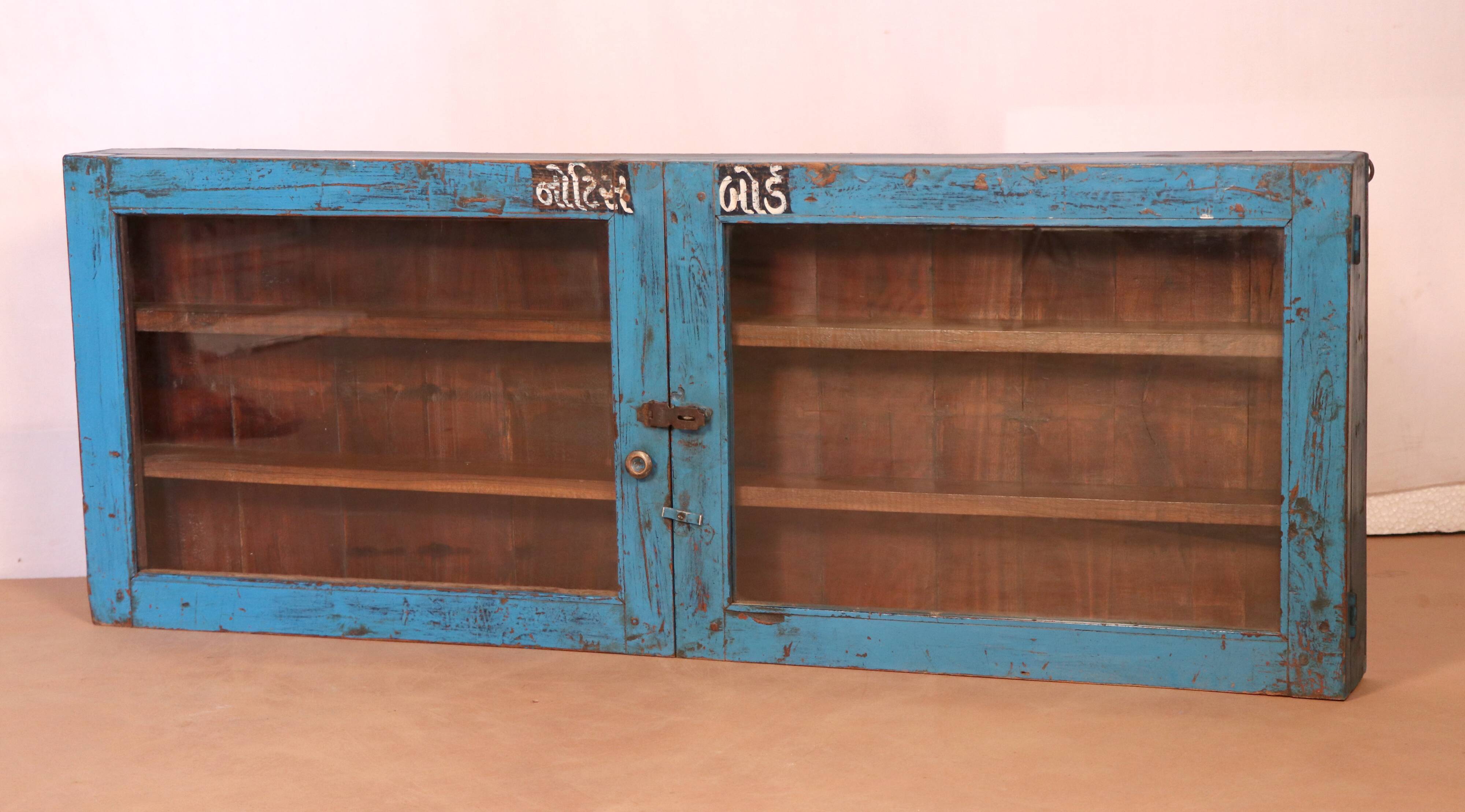 Old Burmese teak wall display case original blue patina