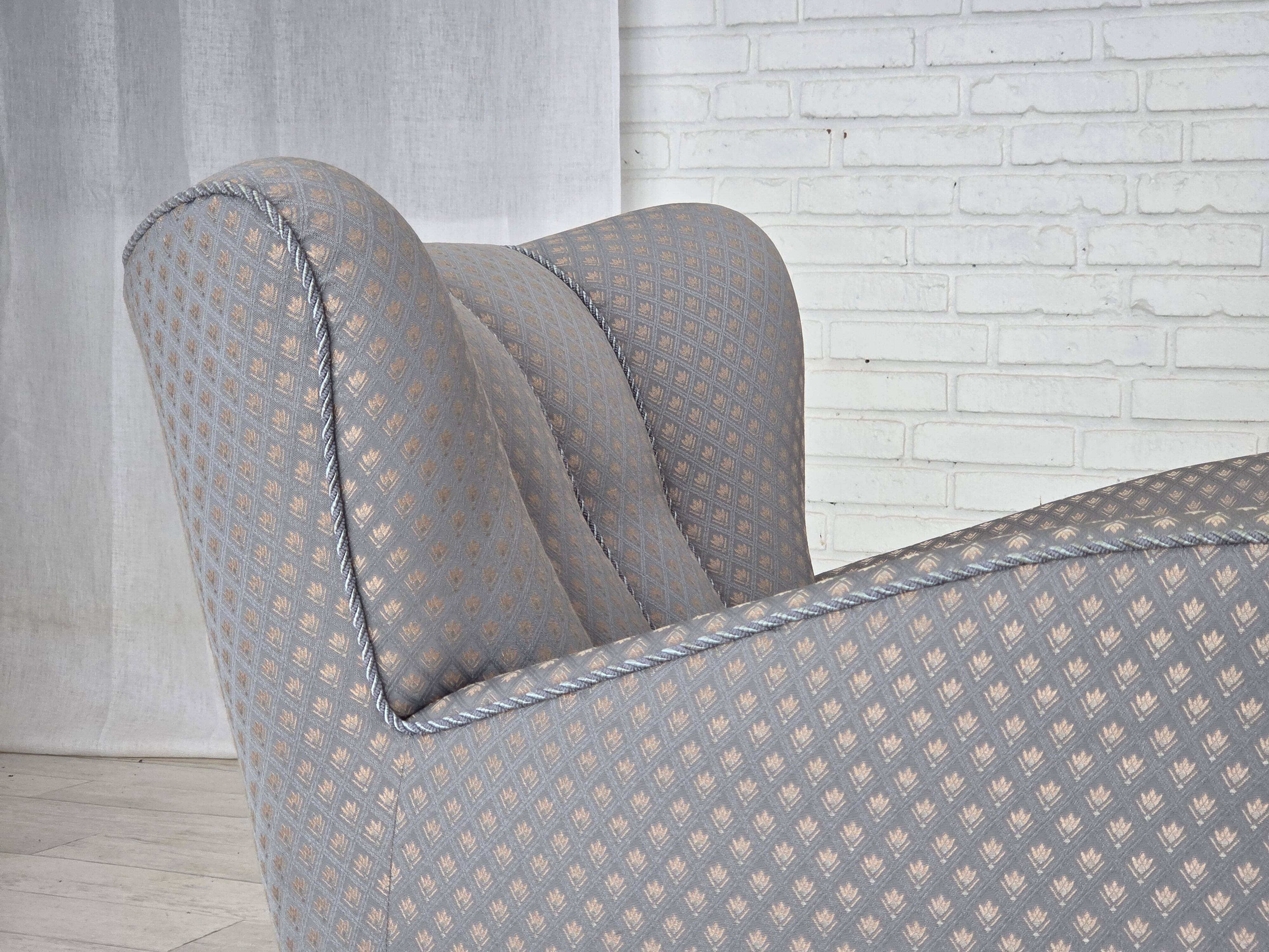 1950s, Danish armchair, furniture fabric, carved oak wood.