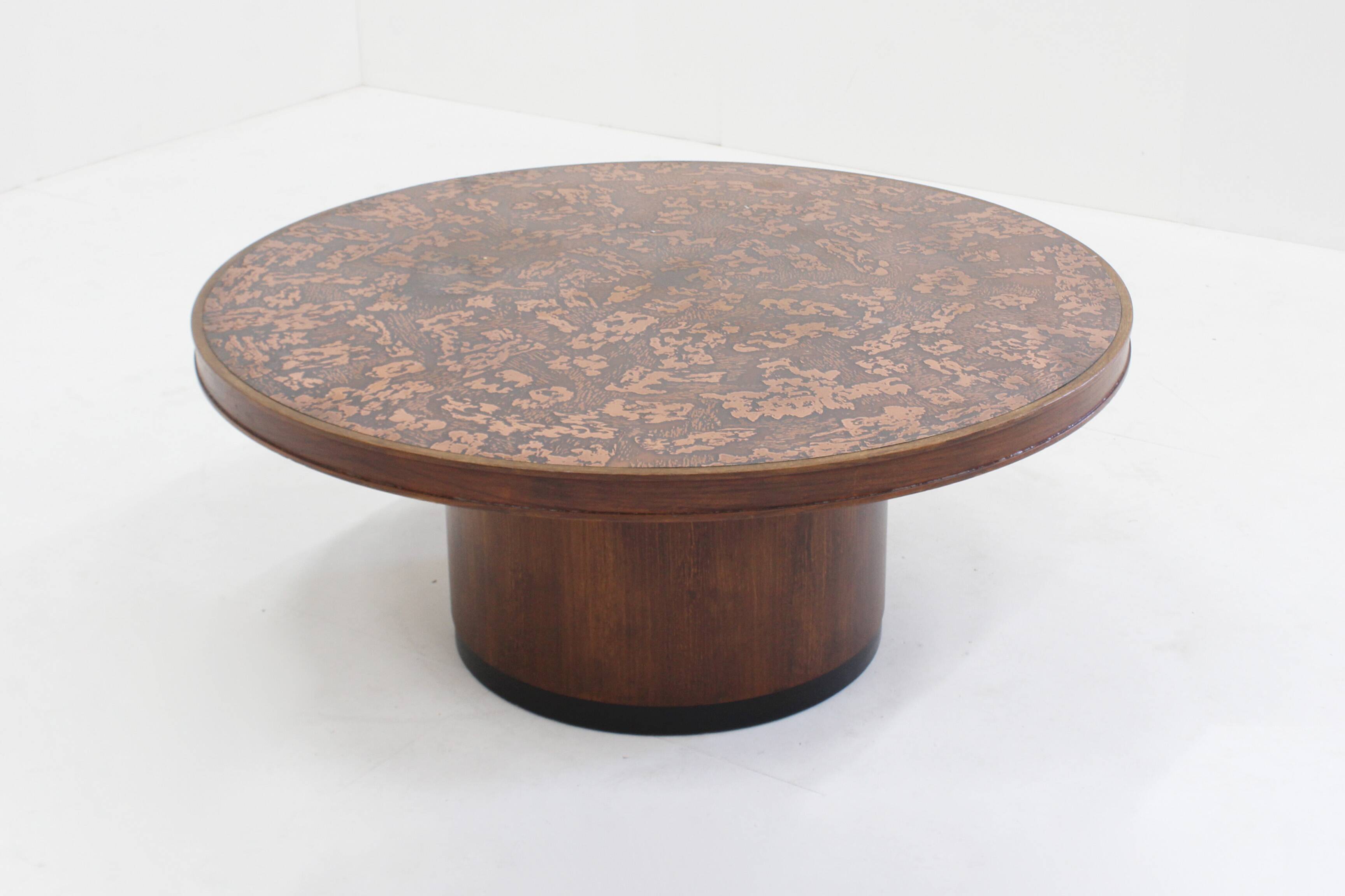 Vintage brutalist copper and wood round coffee table 1970s