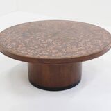 Vintage brutalist copper and wood round coffee table 1970s