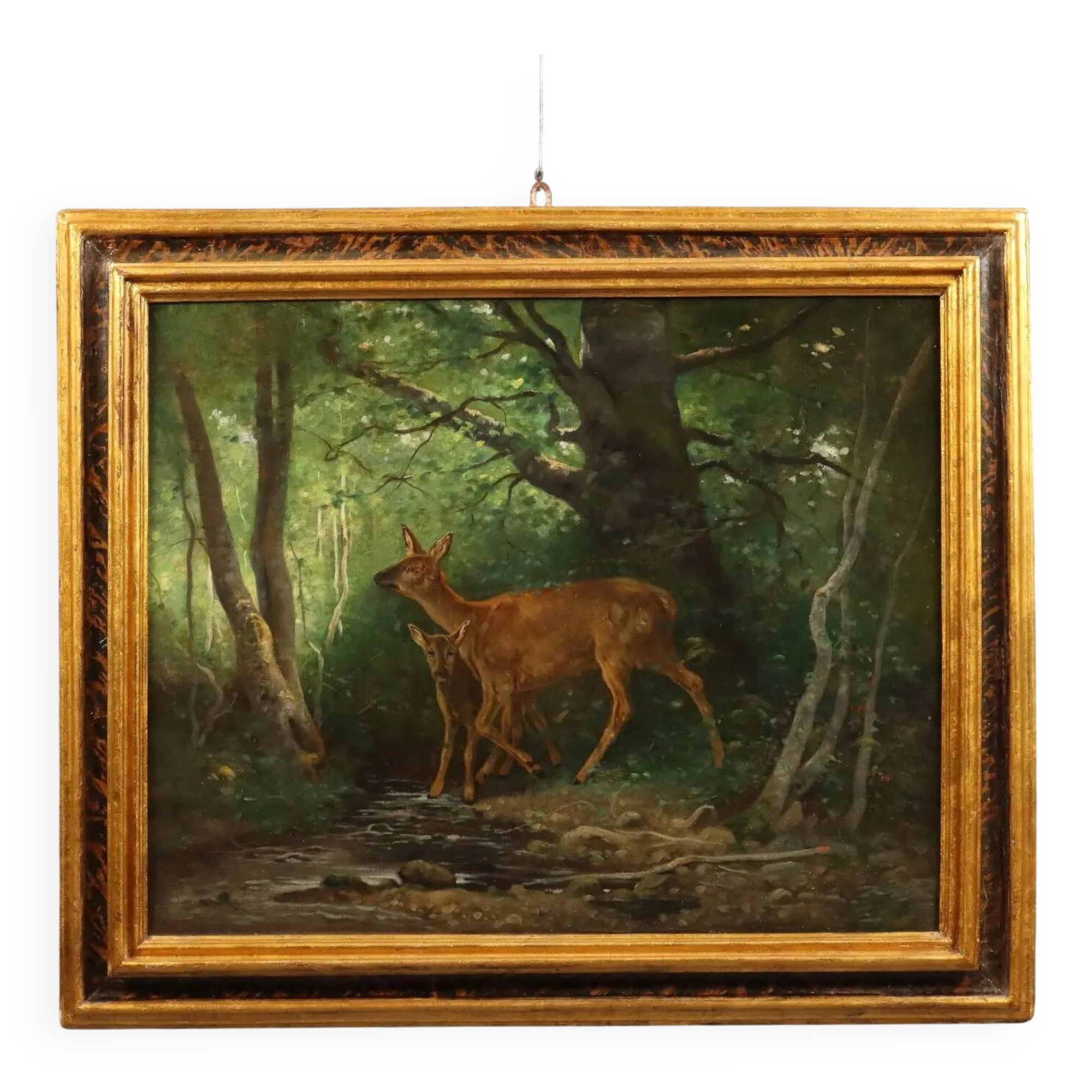 Old painting "Deer in the Woods" oil on canvas France 19th century