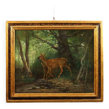 Old painting "Deer in the Woods" oil on canvas France 19th century