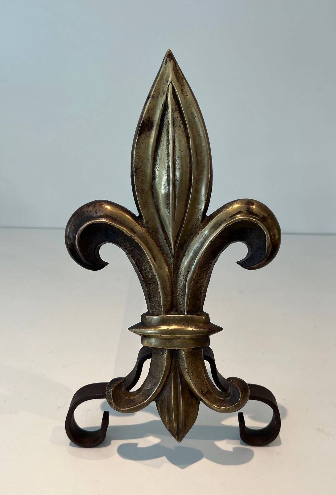Pair of Bronze and Wrought Iron Chenets with Fleur-de-Lys Supports. France.