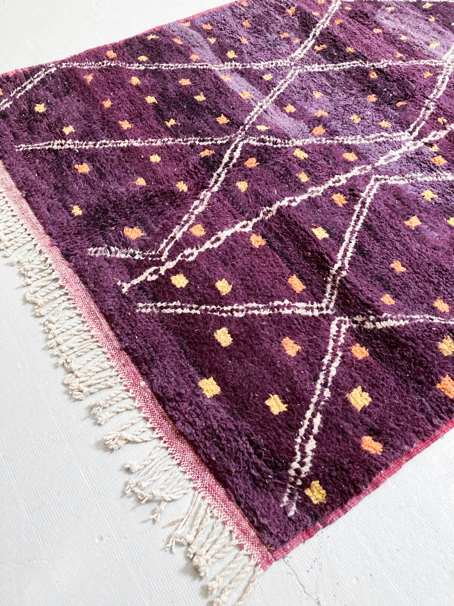 Moroccan Berber carpet beni ouarain purple with colorful graphic patterns 279x192cm