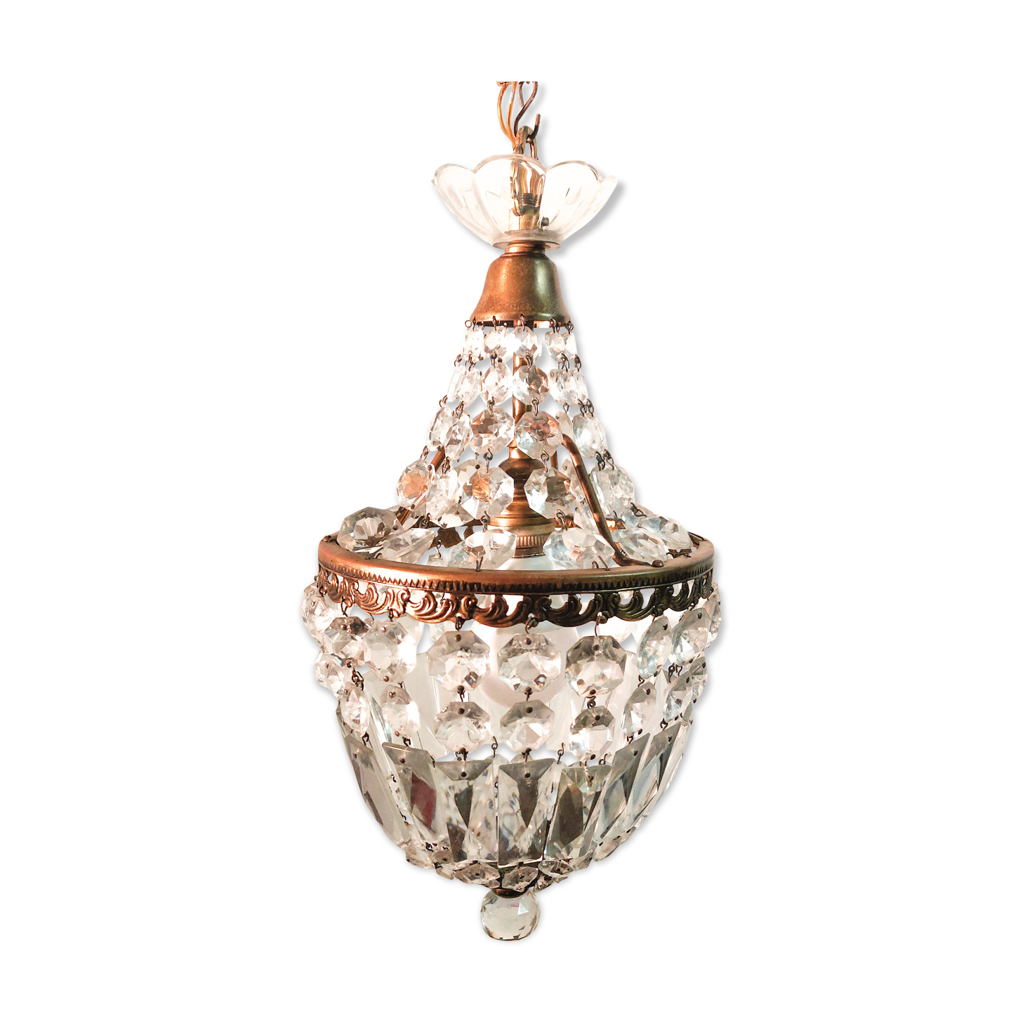 Lustre montgolfière bronze doré et pampilles en cristal