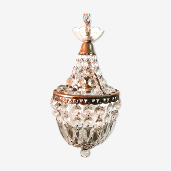 Lustre montgolfière bronze doré et pampilles en cristal