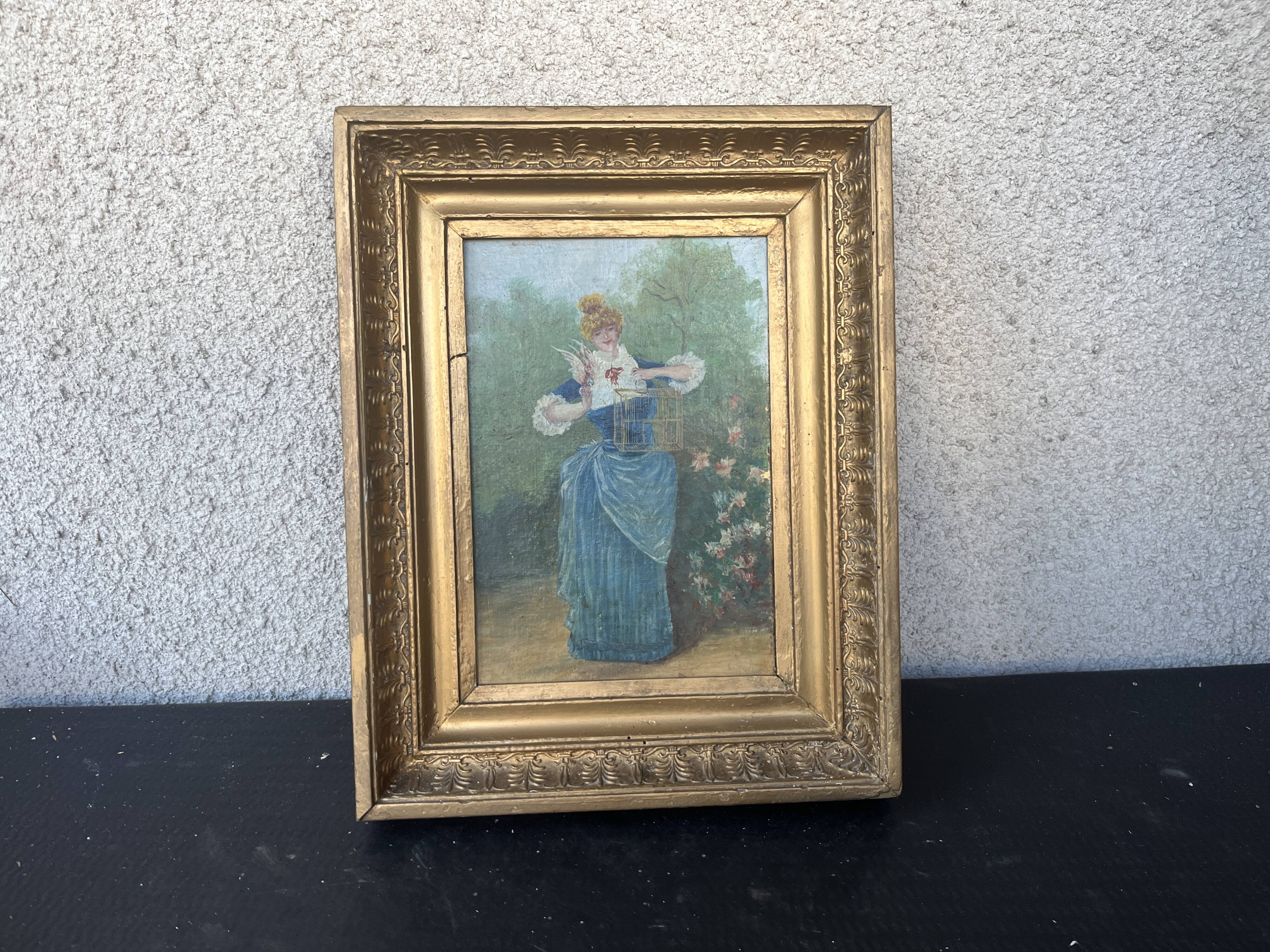 Antique tableau from the 19th century – Genre scene with the lady and the bird.