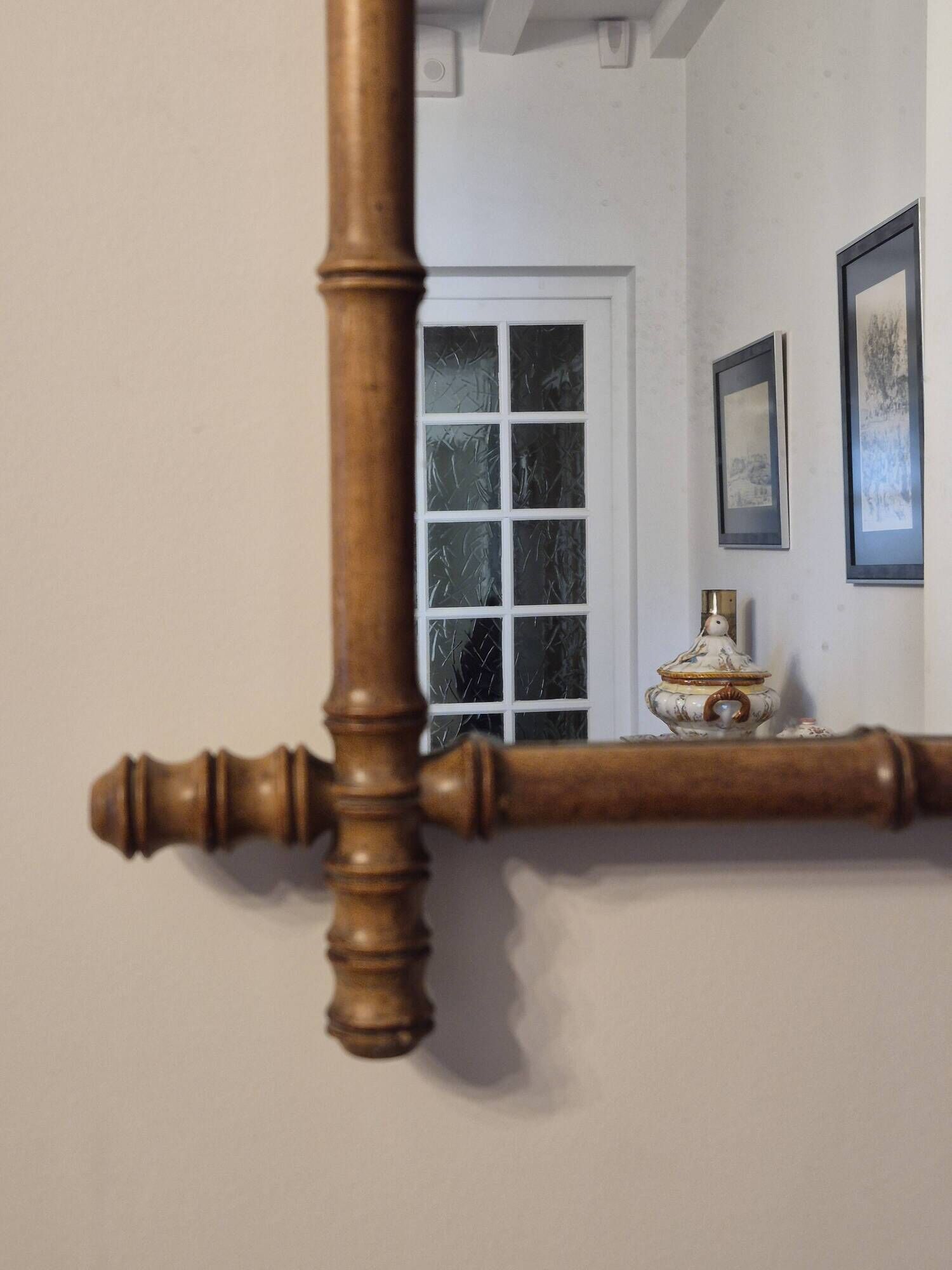 Antique turned wooden mirror in bamboo style, late 19th century A117