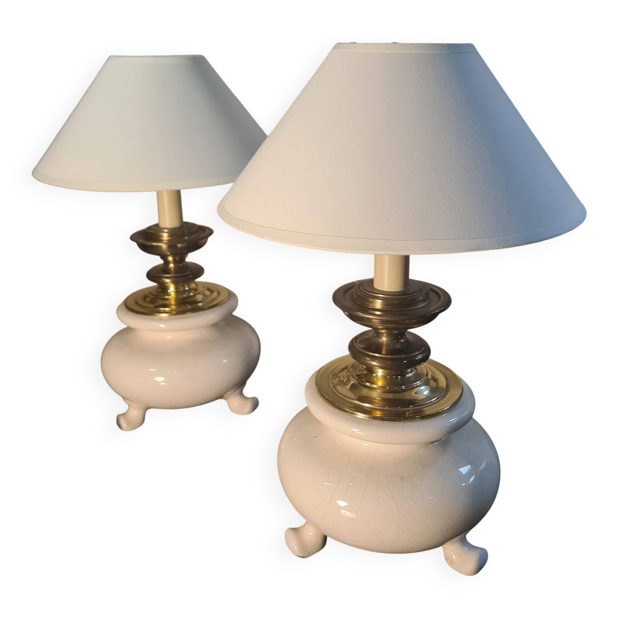 pair of table or bedside lamps in white ceramic with brass tripod 45x3