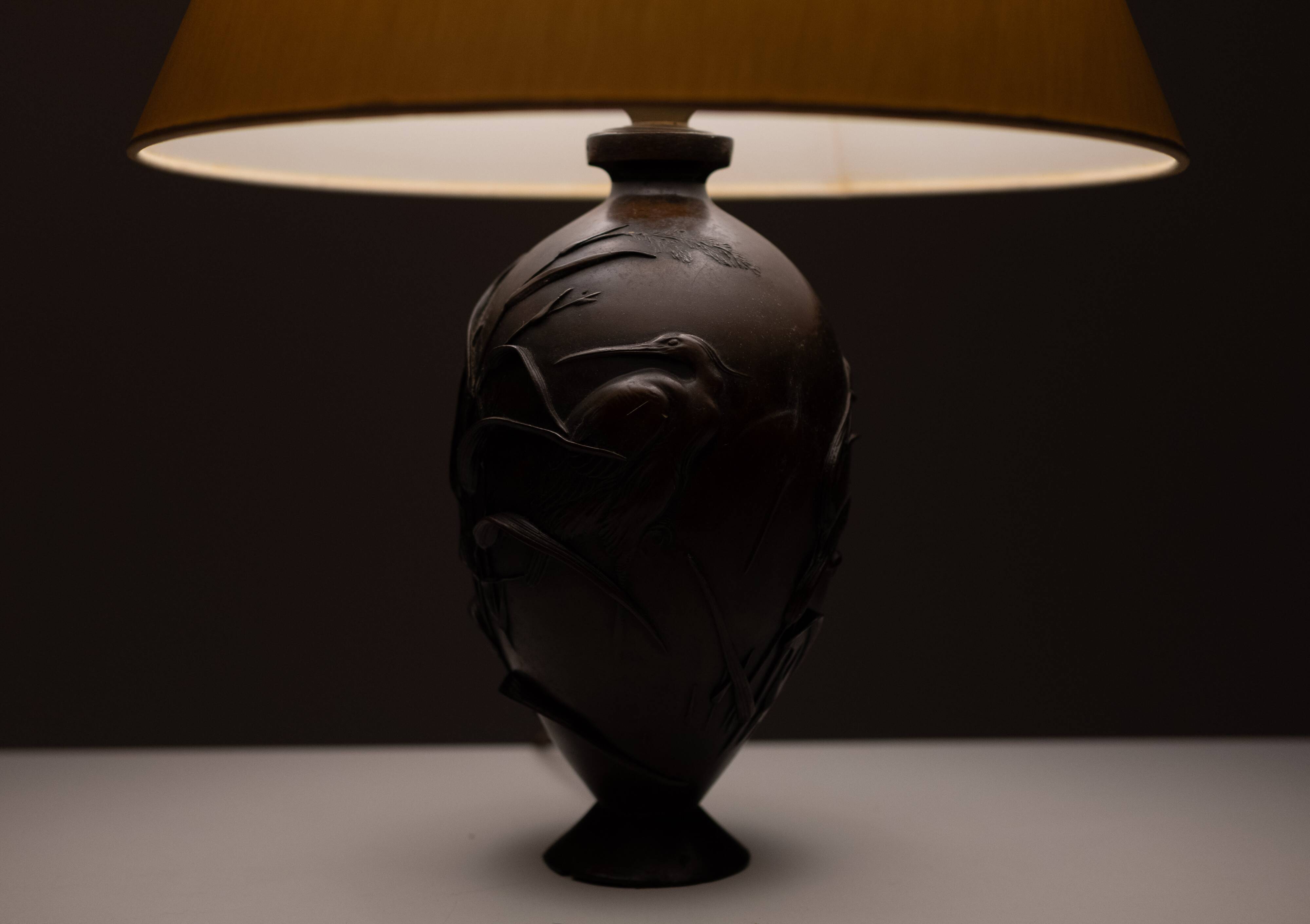 Bronze Lamp stand vase Depicting Cranes and Bamboo Meiji period