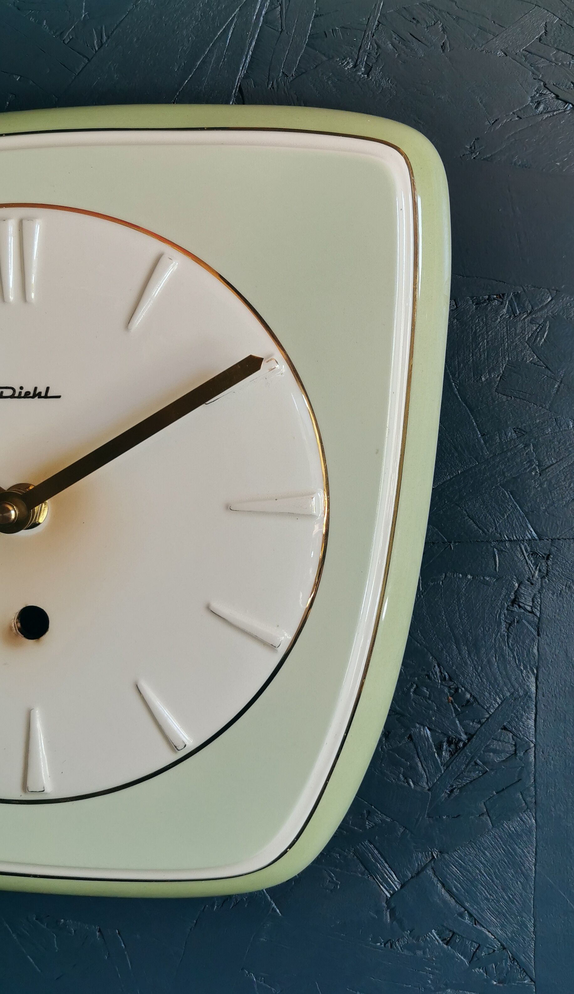 Vintage ceramic clock asymmetrical silent wall clock "Diehl golden green"