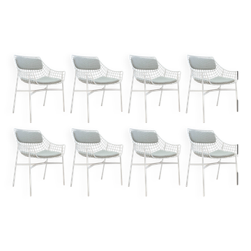 Set of 8 modern armchairs in white lacquered steel