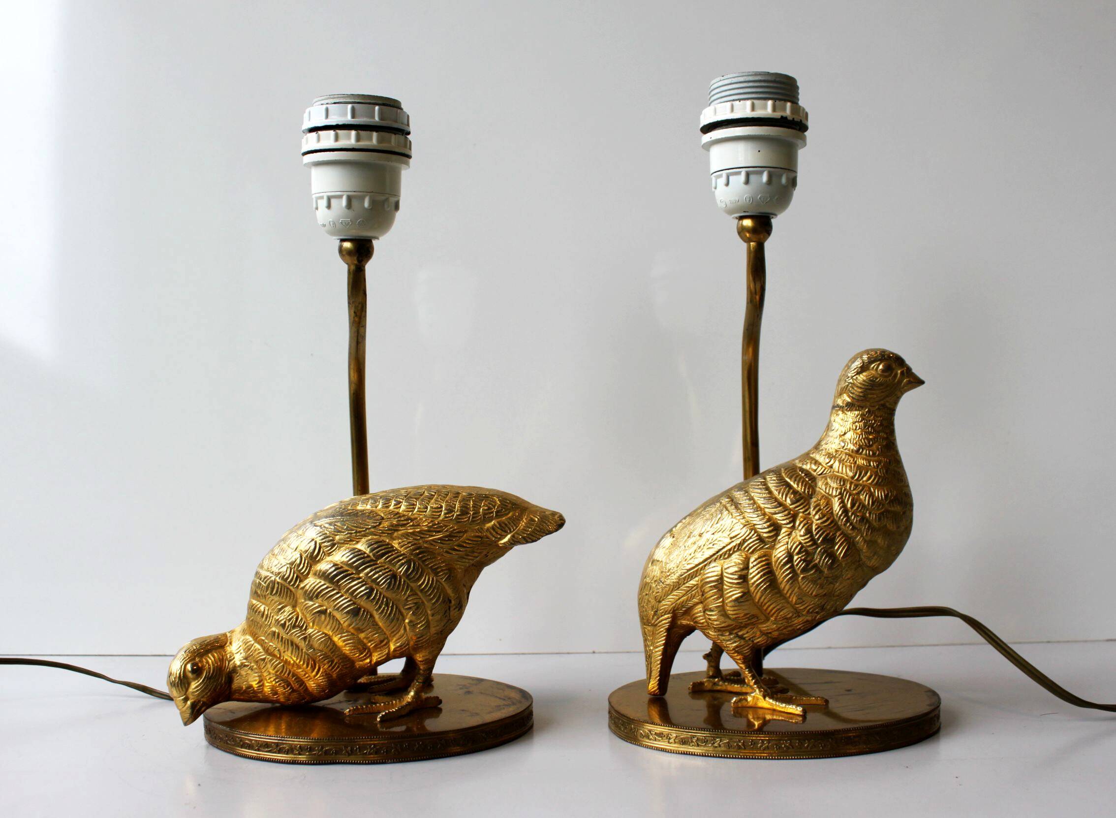 Paire de lampes perdrix en métal doré, 60’s