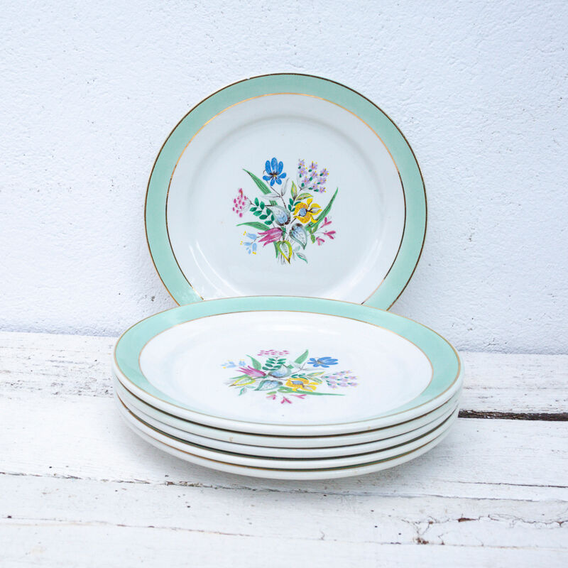 6 dessert plates Badonviller flower pattern and green and golden headband