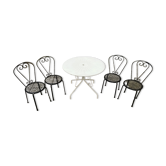 Salon de jardin, Table ronde blanche en fer forgé. et 4 chaises en acier lourd, noire d’origine
