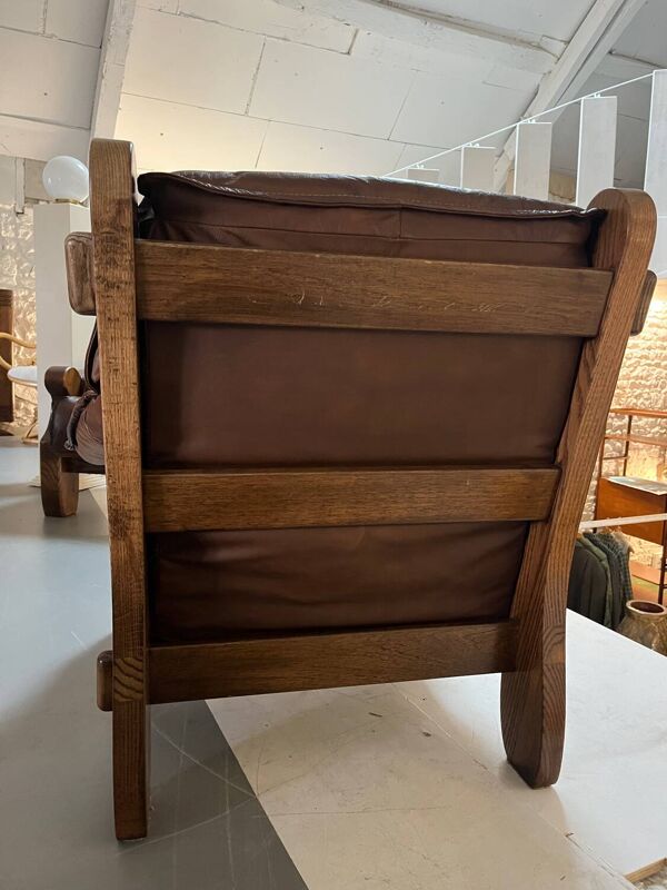 Ensemble Canapé et 2 Fauteuils Années 60 en Bois et Cuir