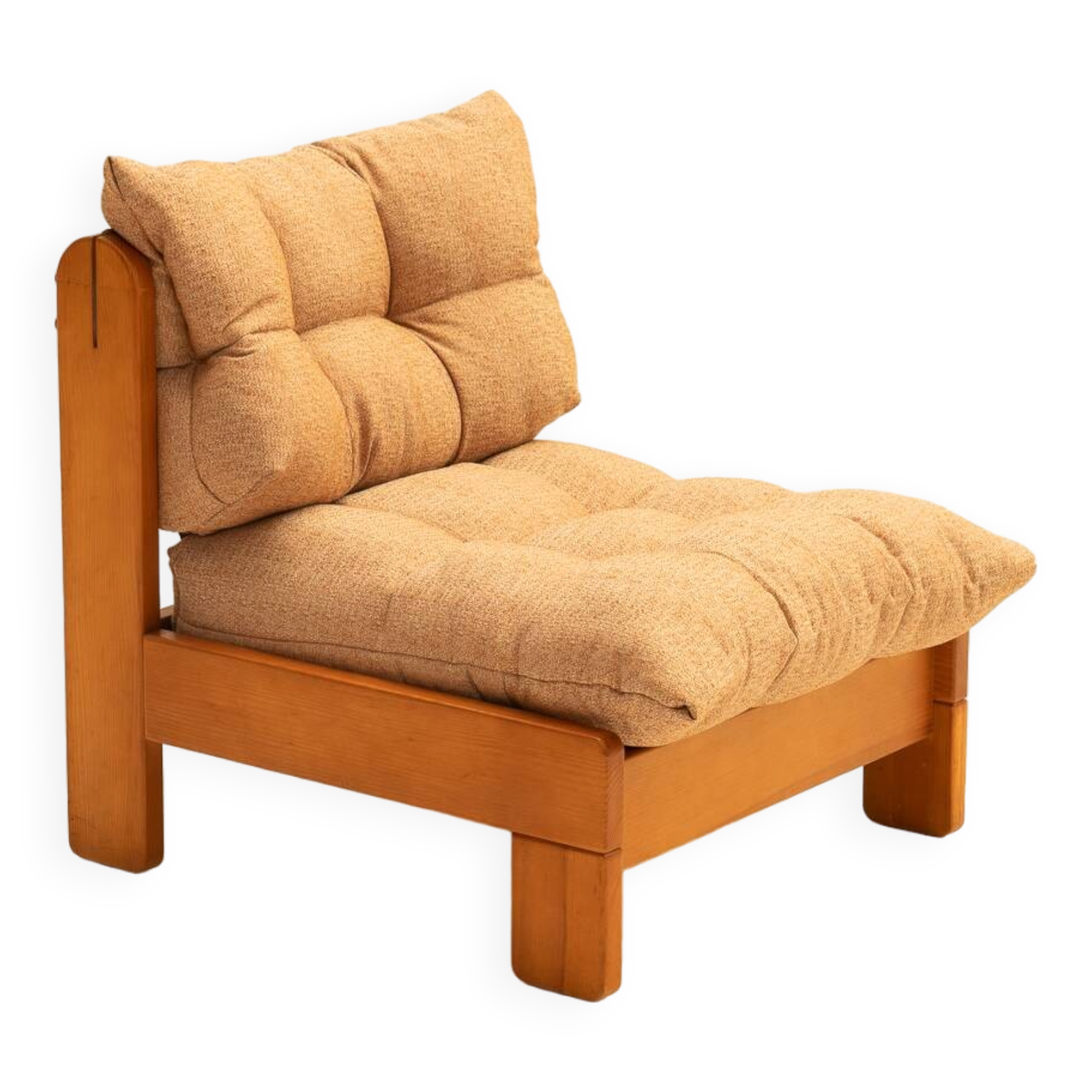 Low armchair in pine wood with bronze fabric