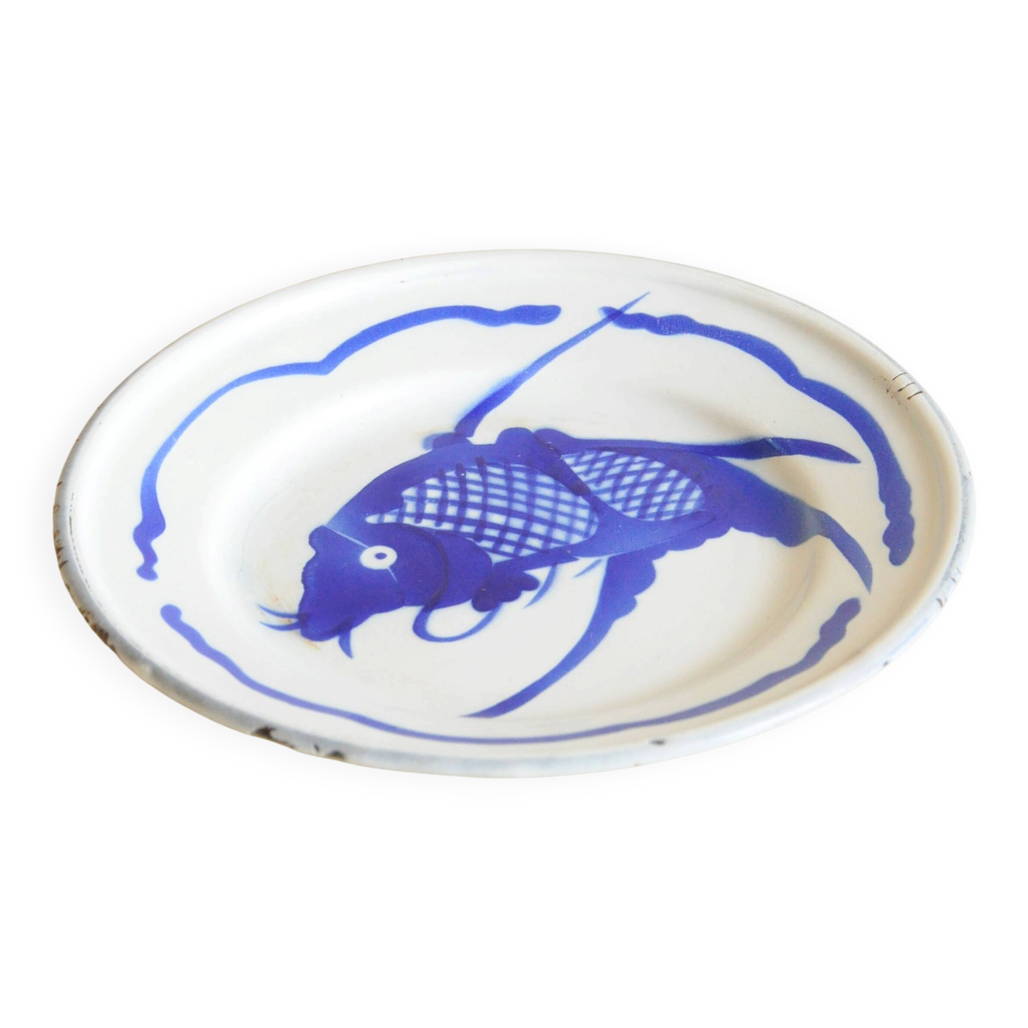 Vintage Chinese Enamelled Metal Plate with Blue Koi Carp Fish Decoration