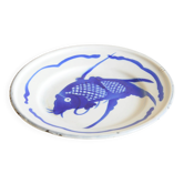 Assiette Chinoise Vintage en Métal Émaillé Décor Poisson Capre Koï Bleu