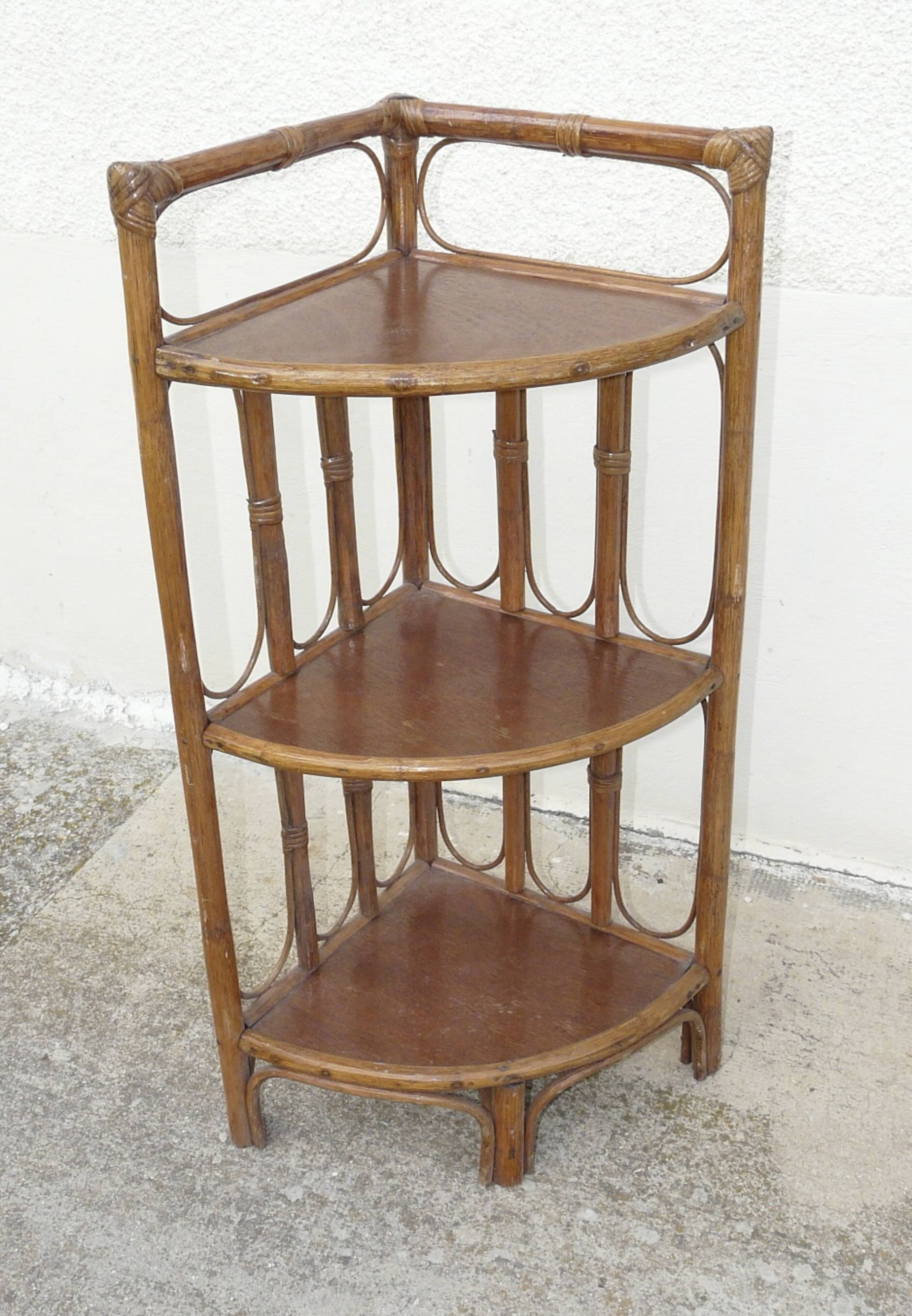 Vintage bamboo and rattan corner shelf 1970