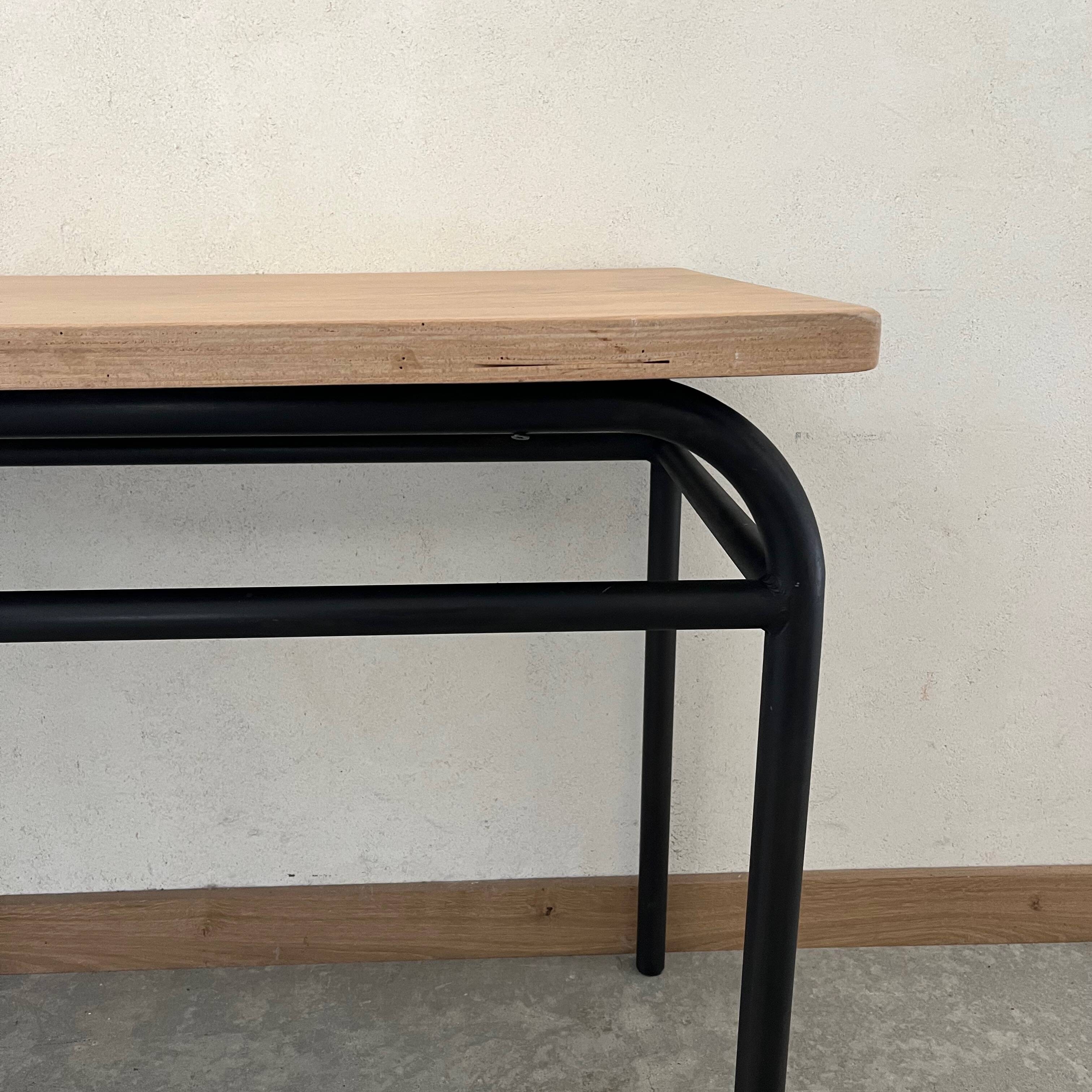 raw wood table, metal legs