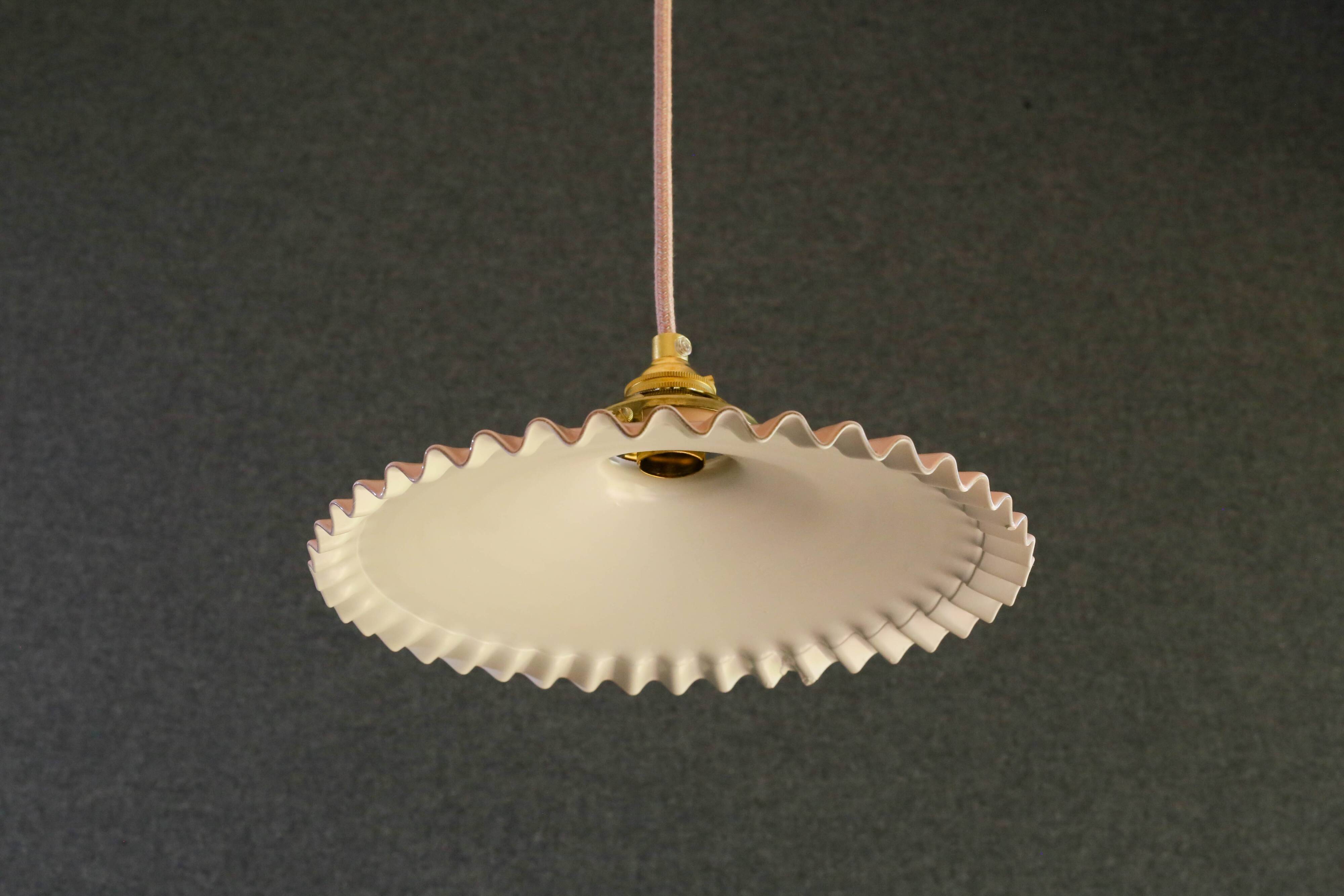Opaline pendant light in pink and white painted glass, delivered with new cable and socket