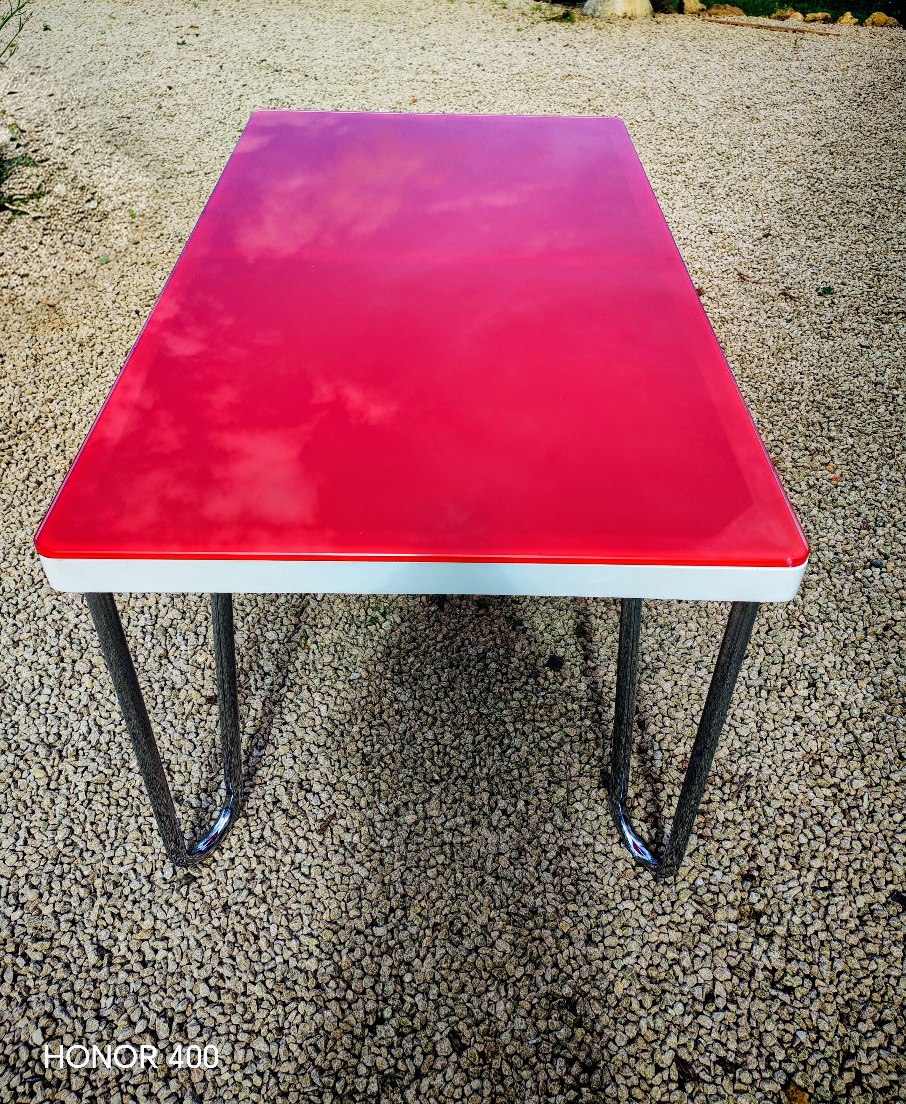 Table "floating" Space age 1970 Red Glass and Dove Tail - 140x80cm