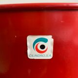 Vintage red umbrella holder in 80s perforated sheet metal or Italy trash can