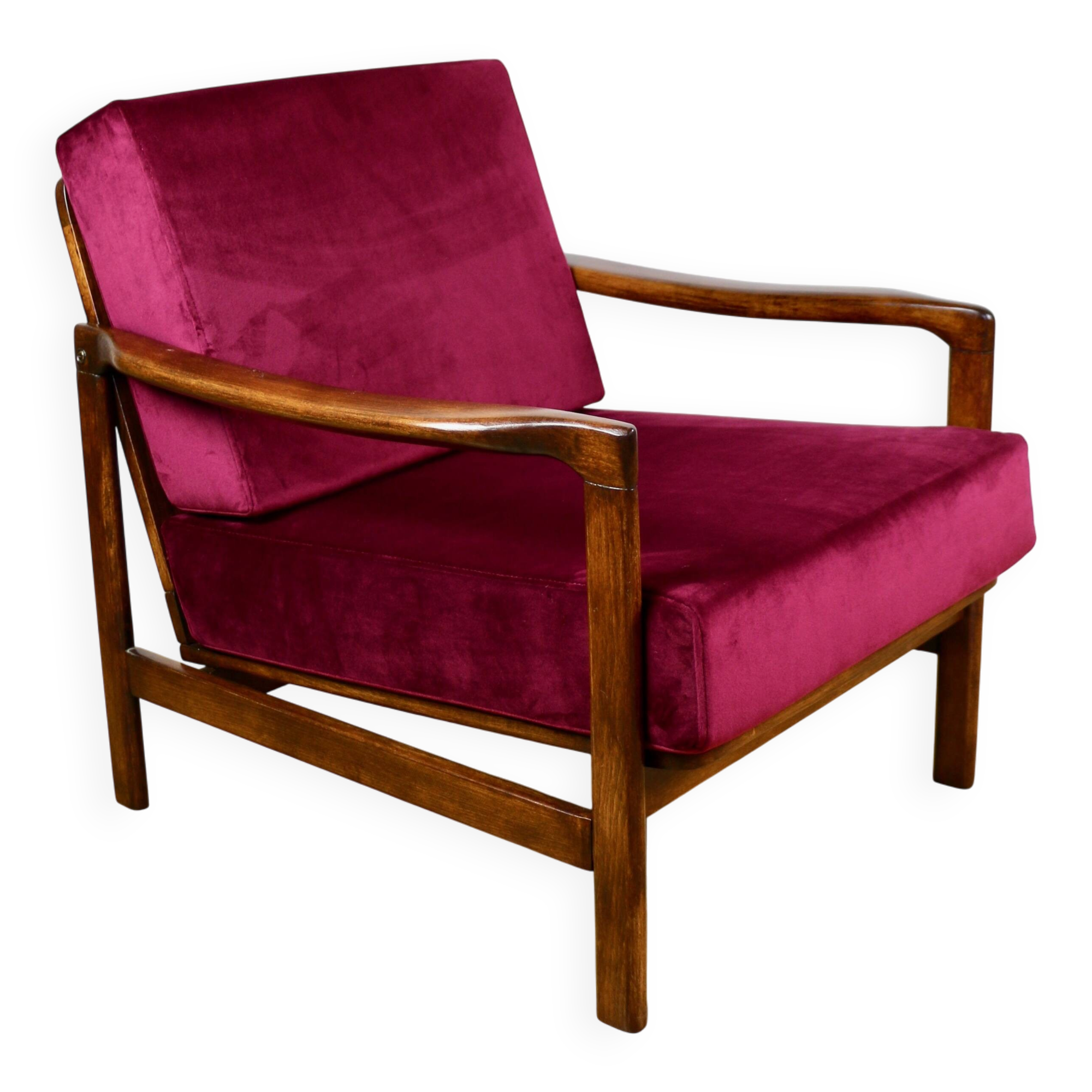 Wooden vintage brown armchair, burgundy raspberry, design by Z. Bączyk - 2 pieces available