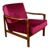 Fauteuil vintage en bois marron, framboise bordeaux, design par Z. Bączyk - 2 pièces disponibles