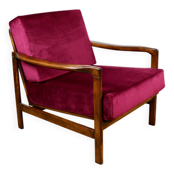 Wooden vintage brown armchair, burgundy raspberry, design by Z. Bączyk - 2 pieces available