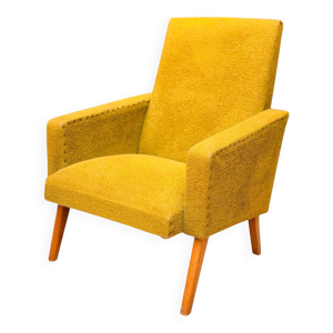 Fauteuil vintage 60’s tissu bouclettes jaune cumin