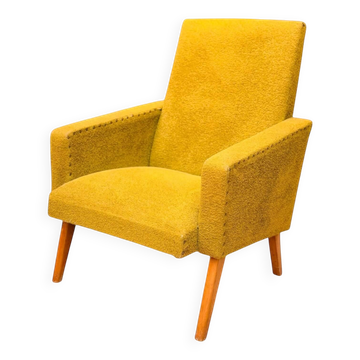 Fauteuil vintage 60’s tissu bouclettes jaune cumin