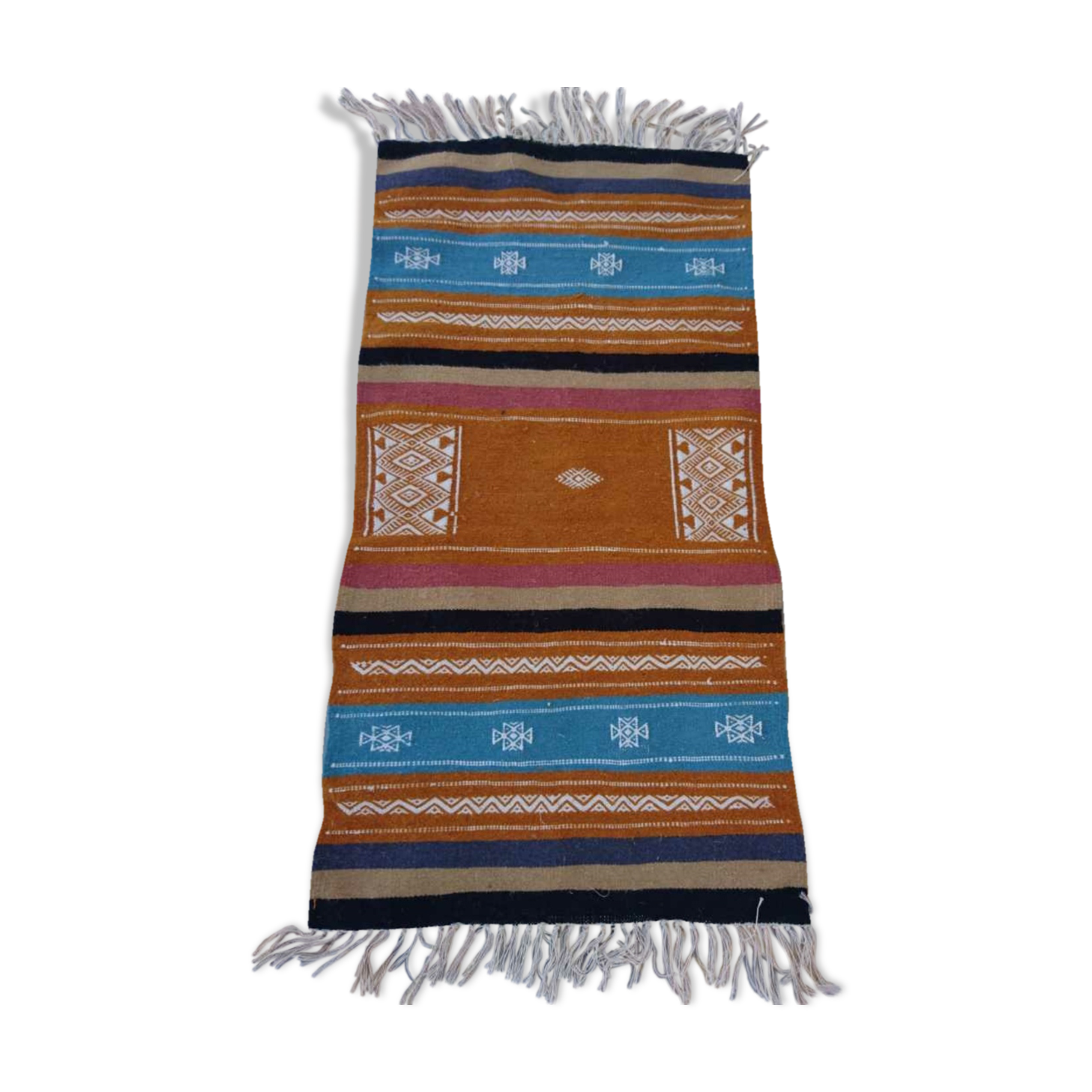 Carpet kilim orange blue white handmade, 120x65cm