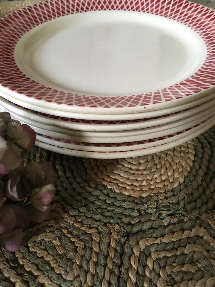 Seven old flat plates in bistro style