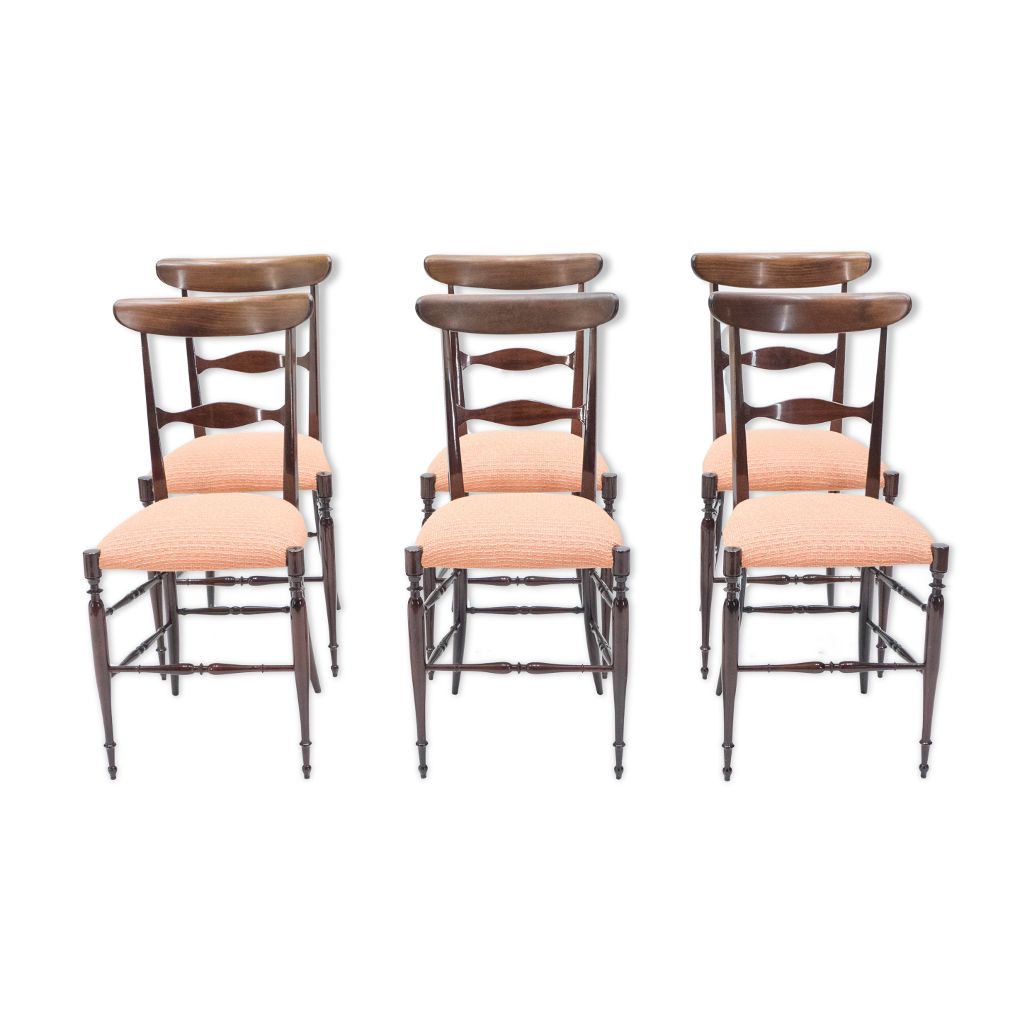 Rare Set of 6 chairs Campanino Chiavari walnut by Fratelli Levaggi 1950