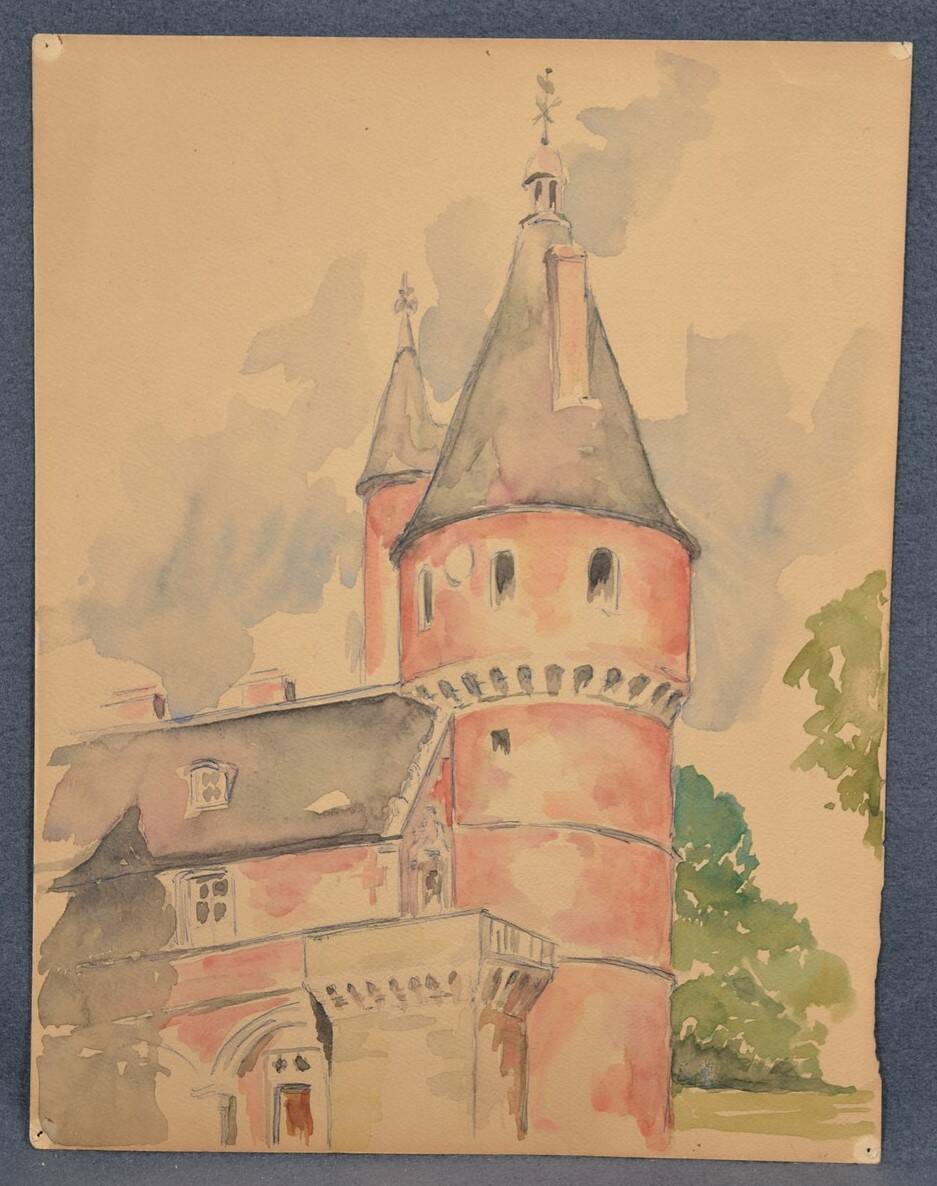 French school 20th century "The castle tower" watercolor