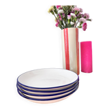 Lot de 4 Assiettes à dessert creuses – Blanc & contour bleu