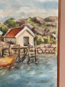Mid-Century Oil on Canvas “houses with Boat” by Unknown, Vintage & Framed