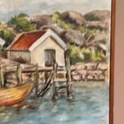 Mid-Century Oil on Canvas “houses with Boat” by Unknown, Vintage & Framed