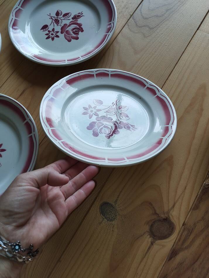 Charming set of 6 antique flat plates from the Badonviller factory.