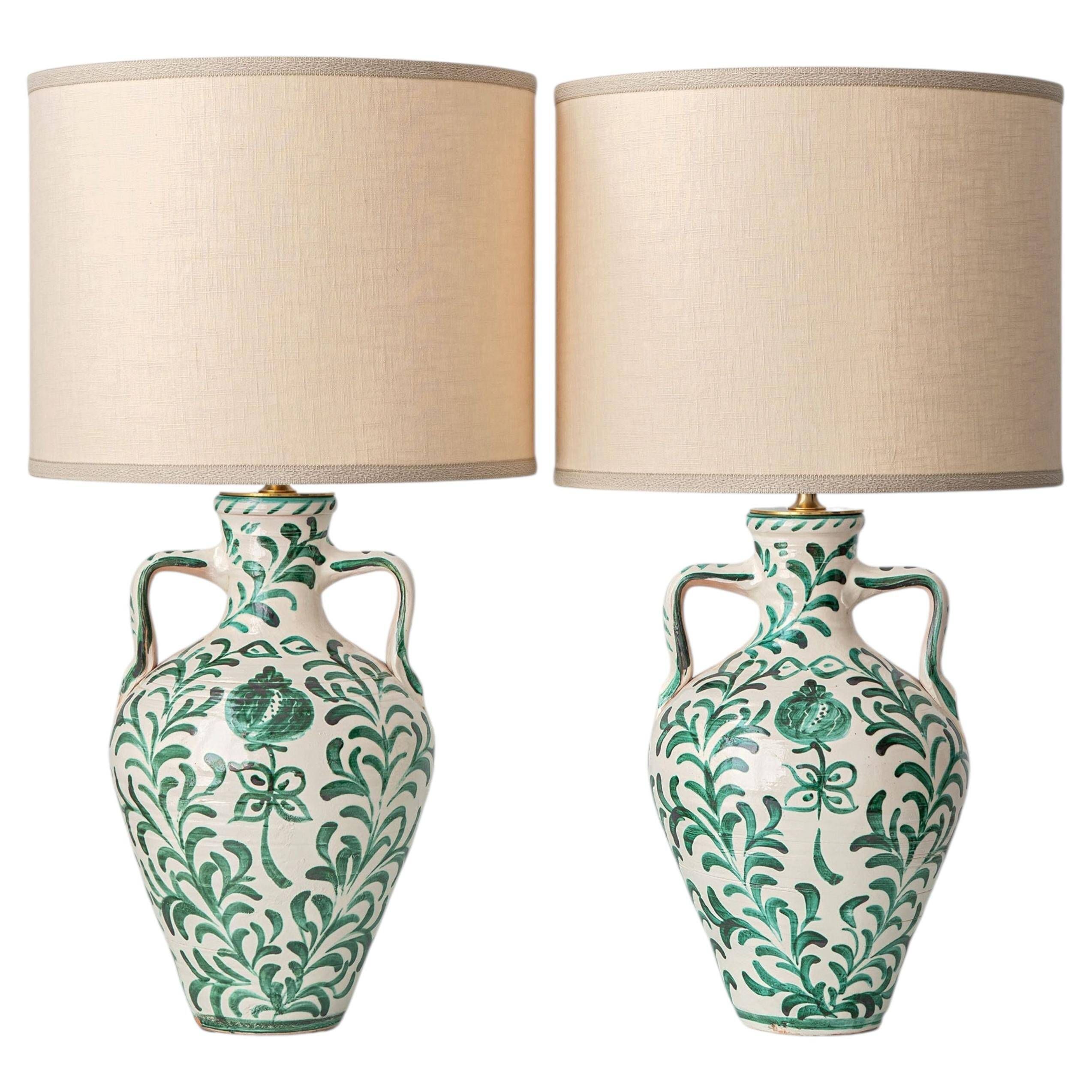 Spanish Revival Ceramic Table Lamp Pair from Granada, New Linen Lampshades