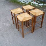 Set of 4 bar stools wood and straw