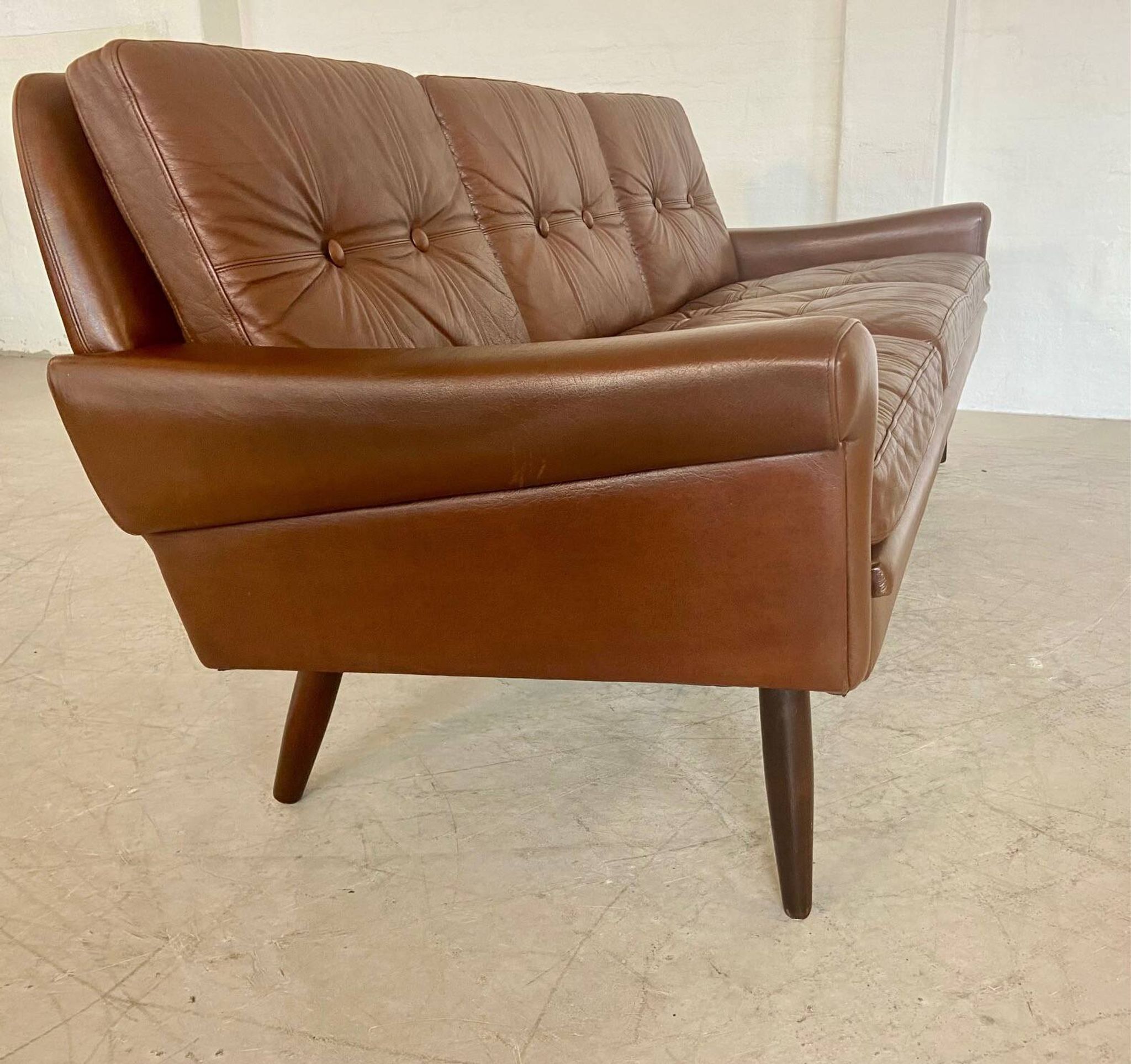Vintage Danish retro Svend Skipper 3 person sofa in chestnut brown leather
