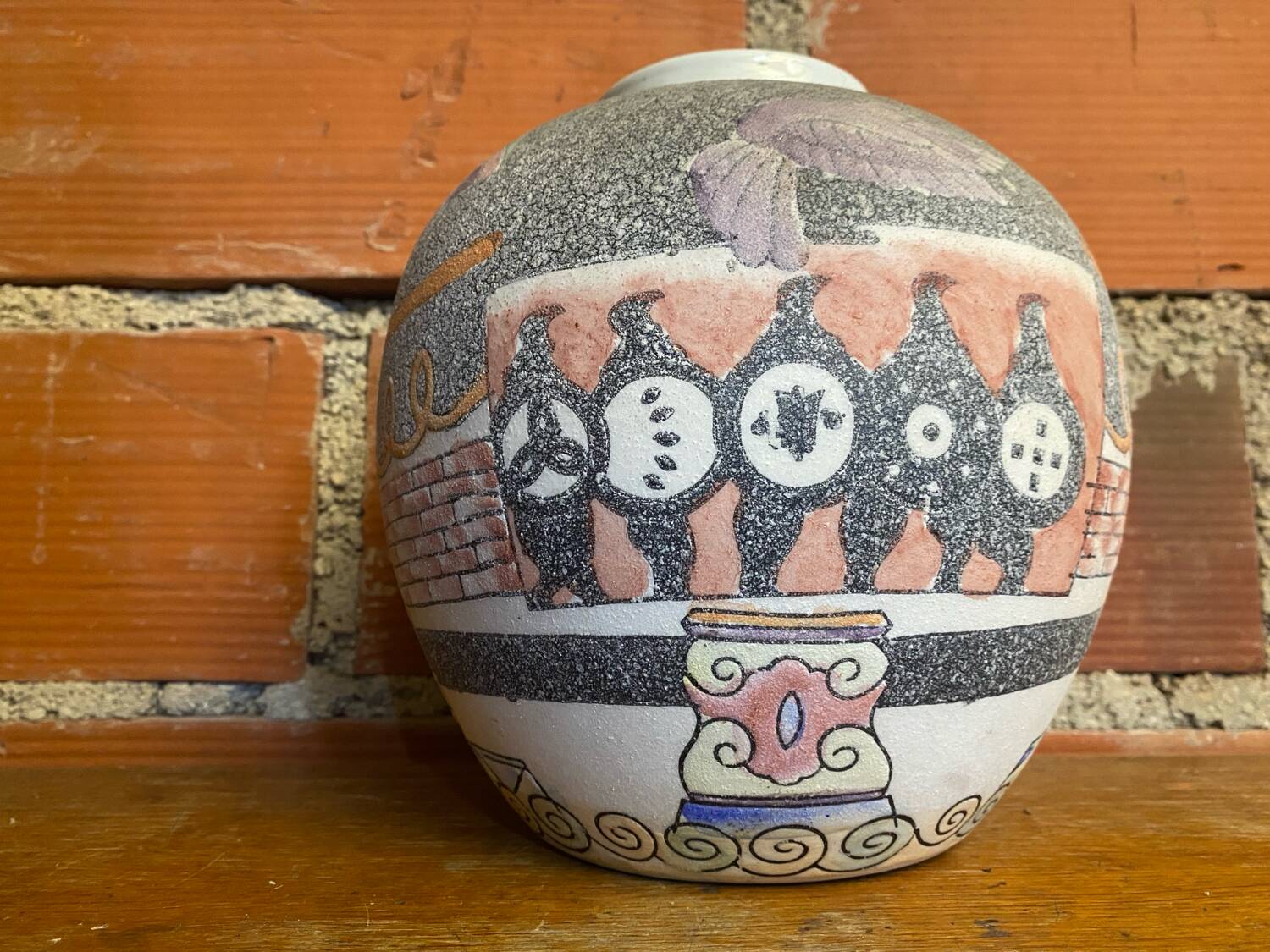 Antique Polychrome Ceramic Ball Vase Made in France Vintage