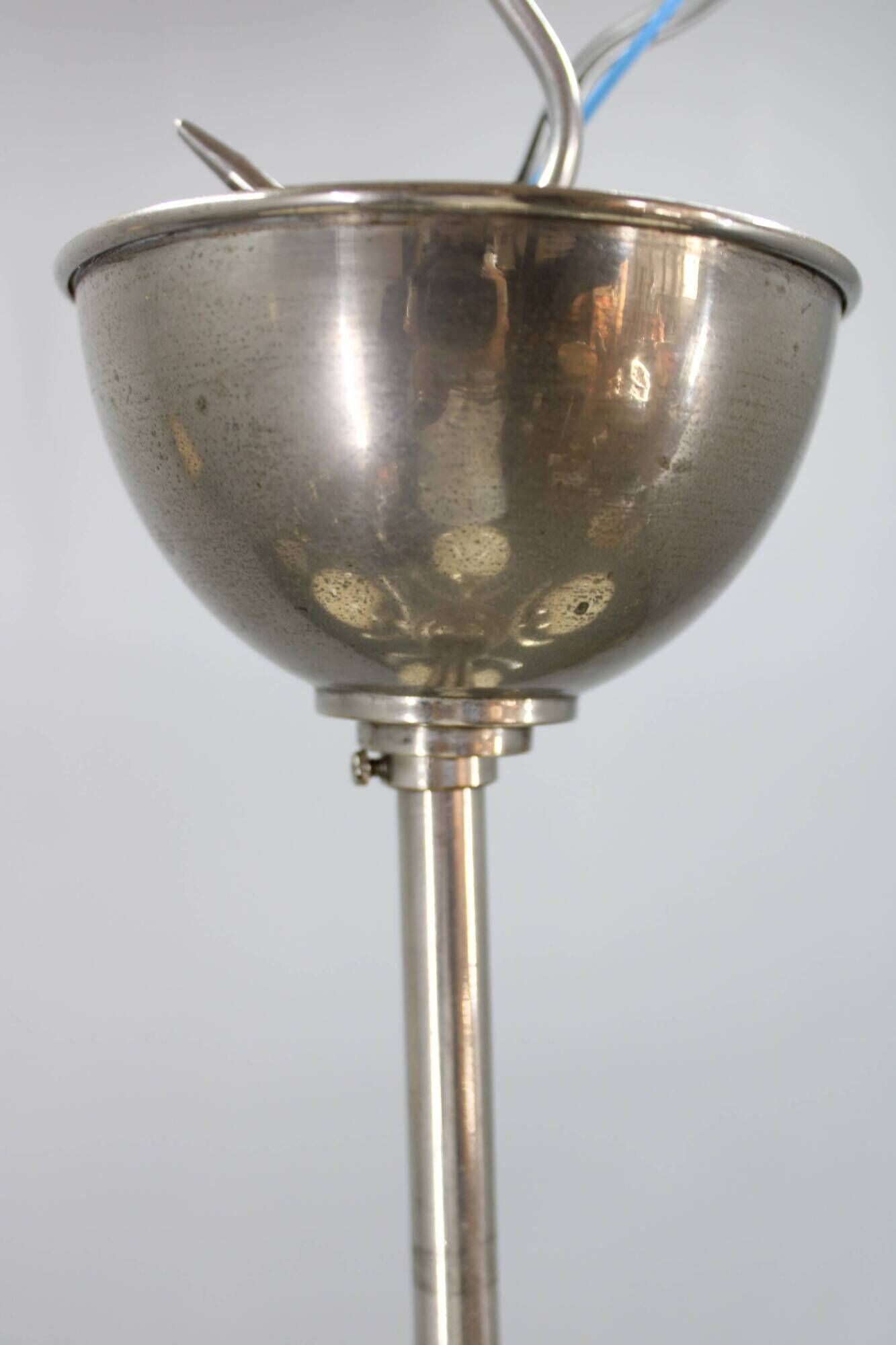 Czechoslovak Art Deco nickel chandelier with five opaline glass globes