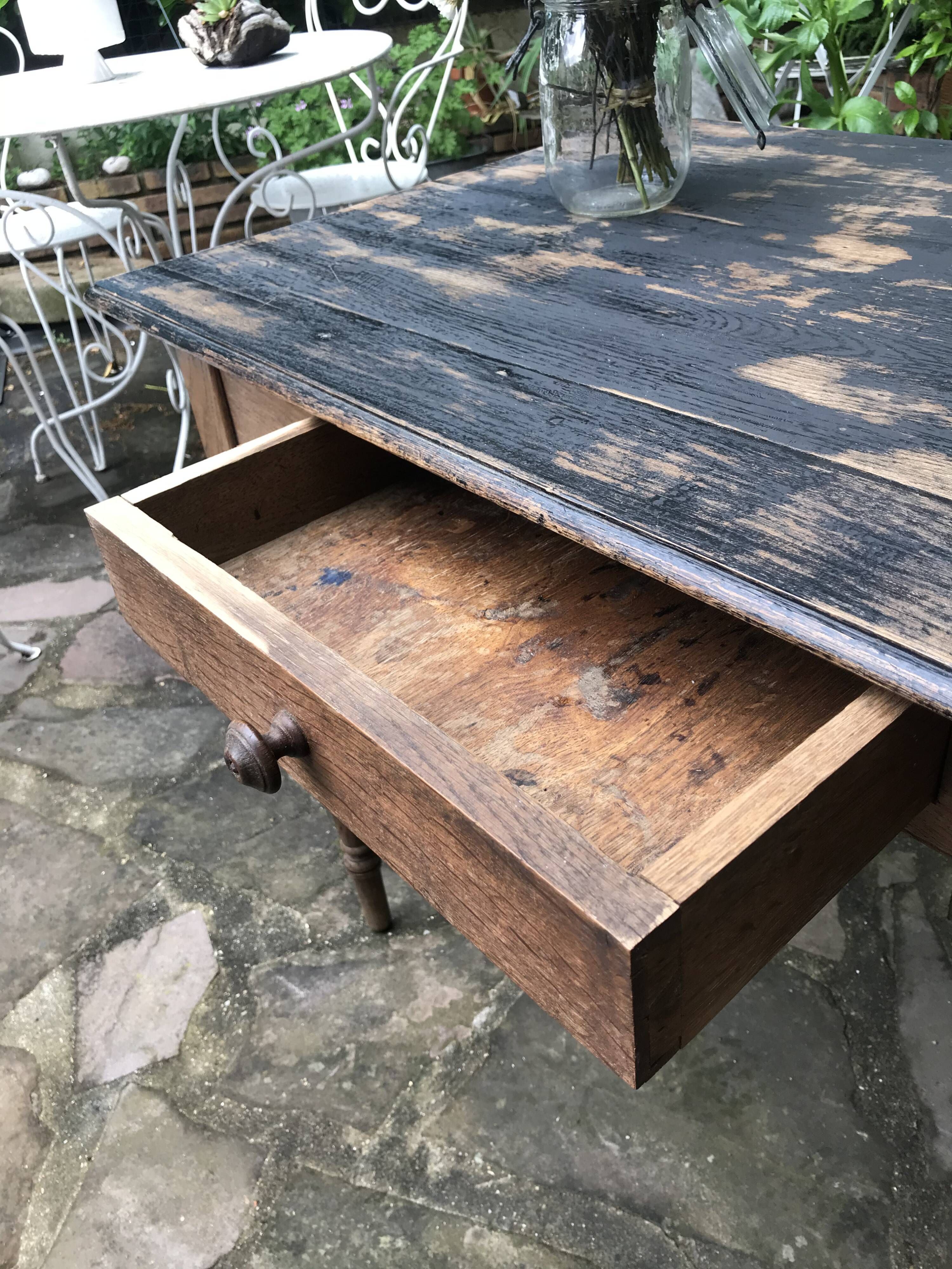 Old farmhouse table desk 1 drawer solid wood patinated black top